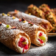Pistachio strudel with whipped cream and raspberries
