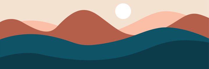 Vector colorful illustration of a sunset in the mountains. Horizontal banner template. Abstract nature.