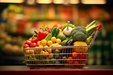 Shopping cart full of fresh fruits and vegetables on blurred supermarket background
