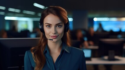 Portrait of female customer support operator with headphones looking at camera in the office.