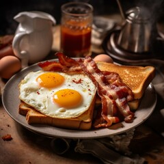  Breakfast with fried eggs, bacon and toasts on wooden board