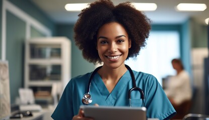 Portrait of smiling female doctor with digital tablet and stethoscope in hospital.