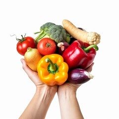 Vegetables in the hands of a woman on a white background