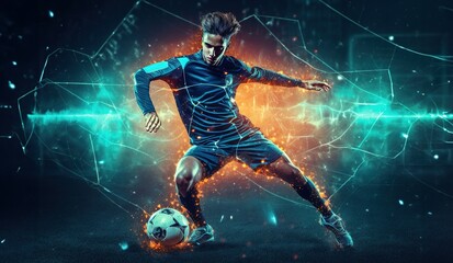 Plakat Football player in action on futuristic background. Concept of sport and competition.