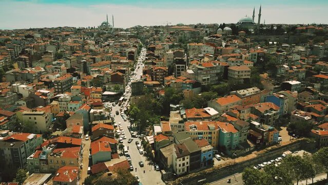 Old houses and mosques in the European side of Istanbul, drone aerial view
