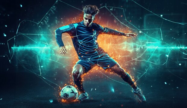 Football player in action on futuristic background. Concept of sport and competition. - Powered by Adobe