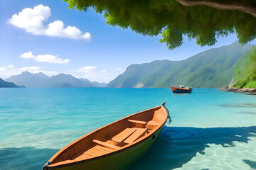 Wooden boat on the water near the shore in the sea lagoon. Tropical landscape 