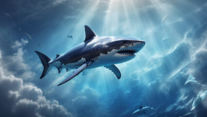 Naklejka premium A powerful shark gliding through a sea of azure clouds, its sharp fins cutting through the air with a majestic grace, Generative 