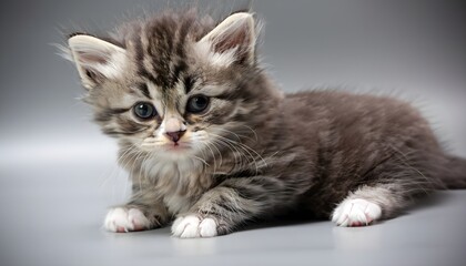 Fototapeta na wymiar little fluffy kitten cat on a gray background