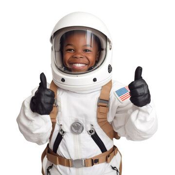 front view close up of a black African boy model dressed in Astronaut costume with thumbs up isolated on a transparent white background