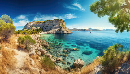 Fototapeta na wymiar Bright spring view of the Cameo Island. Picturesque morning scene on the Port Sostis, Zakinthos island, Greece, Europe. Beauty of nature concept background. generative ai