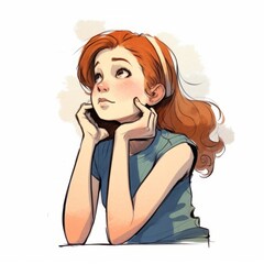 White girl in thinking and doubts cartoon illustration. Cute kid character with dreamy face on abstract background. Ai generated bright drawn colorful poster.