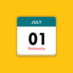 wednesday 01 july icon with yellow background, calender icon - obrazy, fototapety, plakaty