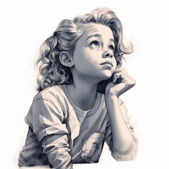White girl in thinking and doubts monochrome illustration. young woman character with dreamy face on abstract background. Ai generated black and white drawn poster.
