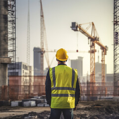 Rear view of male builder construction worker on building site wearing hard hat with generative Ai