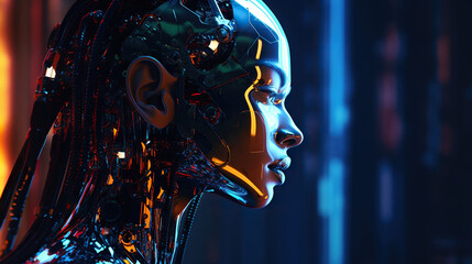 Female robot face, Artificial intelligence concept. Generative AI
