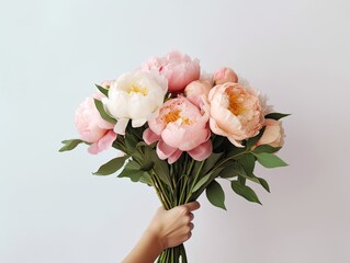 Female Hand Holds Beautiful Bouquet Of Peonies. Generative AI