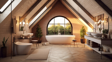 Fototapeta premium Elegant attic bathroom with bathtub, Generative AI.