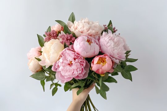 Female Hand Holds Beautiful Bouquet Of Peonies. Generative AI