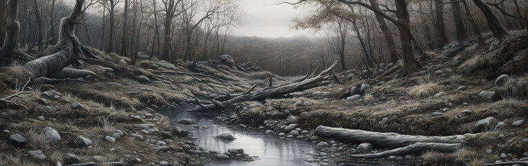 Black and white view over the river. Generative AI