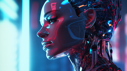 Female robot face, Artificial intelligence concept. Generative AI