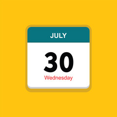 wednesday 30 july icon with yellow background, calender icon