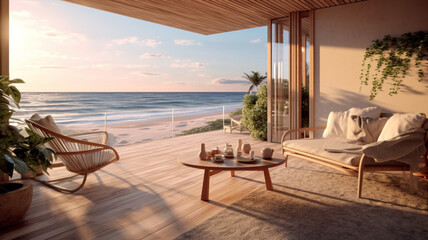 Beach living on Sea view / 3d rendering, Generative AI.
