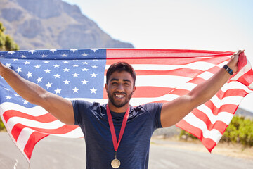 Runner, winning and portrait of happy man with American flag on road for fitness goal, success or running. Proud sports champion, race winner or excited athlete with victory or gold medal in USA