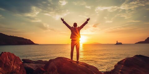 Happy excited man raising his hands to the blue sky