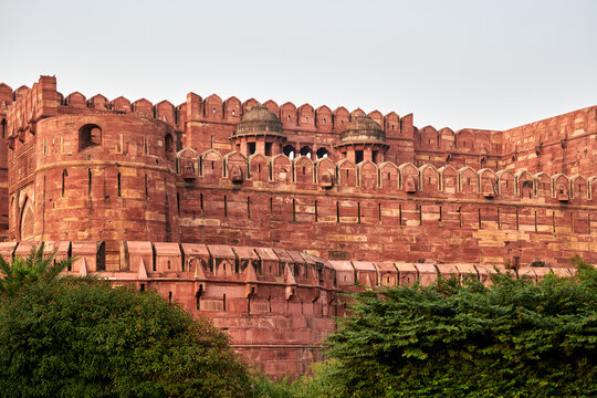 Walls of Agra red fort in India, view from main entrance Amar Singh Gate to beautiful ancient building, red fort in Agra built of red sandstone, Lal Qila historical ancient building