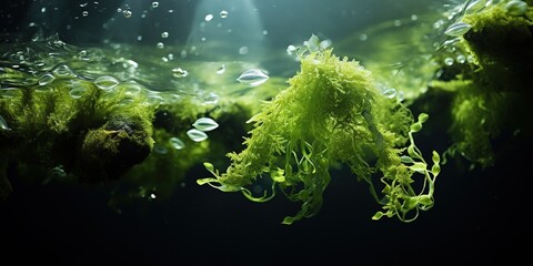 Green algae sway underwater with bubbles.