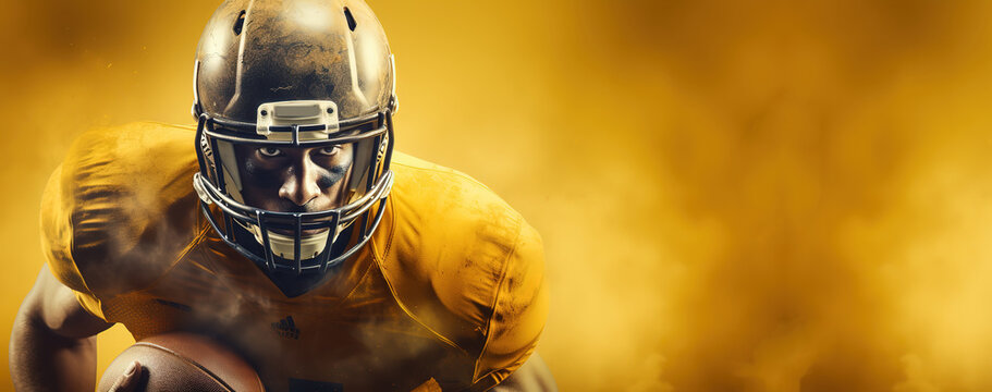 American football player, athlete on a golden background.