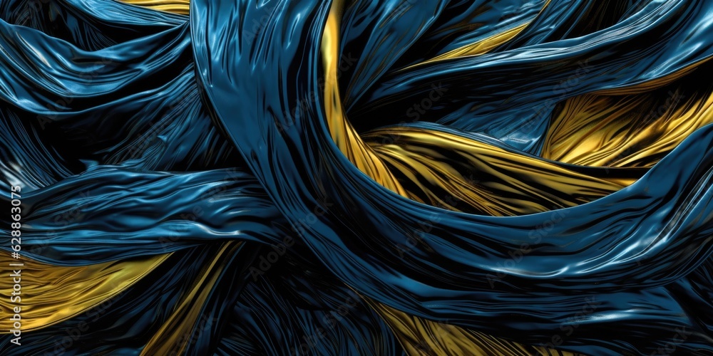 Poster the artistic abstract twisted and tangled imagination in the style of azure gold black plastic wrap.