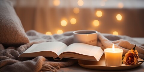 A cup of tea with a book and burning scented candles on a marble table.