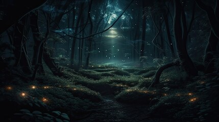 fireflies in night forest