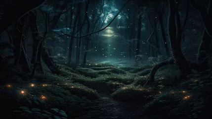 Gordijnen fireflies in night forest © neirfy