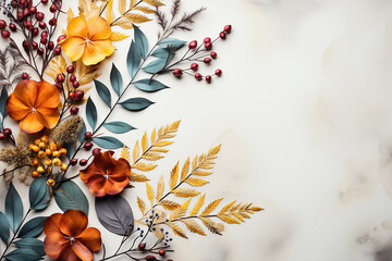 Autumn composition with dry leaves and berries on color background, top view