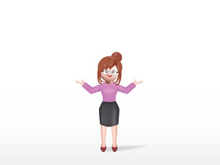 3d businesswoman character standing and hands up to presenting illustration vector rendering.