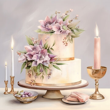 Wedding cake with pink flowers and candles watercolor illustration