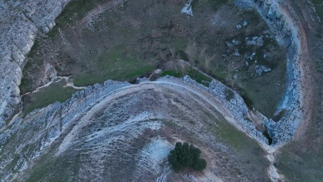 Landscape in Fuenteodra. Aerial view from a drone of the Yeguamea area. World geological heritage UNESCO. Las Loras Geopark. P&aacute;ramos region. Burgos. Castile and Leon. Spain. Europe
