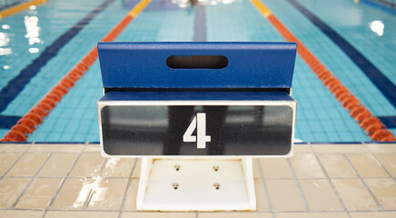 Empty swimming pool, platform and start competition of water sports, race and contest at diving...