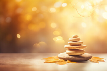 mindfulness and meditation concept:balancing stones with autumn leaves with yellow welcoming energy light