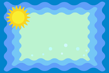 Blue waves and yellow sun. A frame of summer motifs. Horizontal arrangement. Frame for text, advertising, postcard.