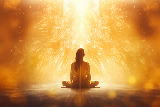 mindfulness and meditation woman sitting in lotus pose towards yellow welcoming energy light