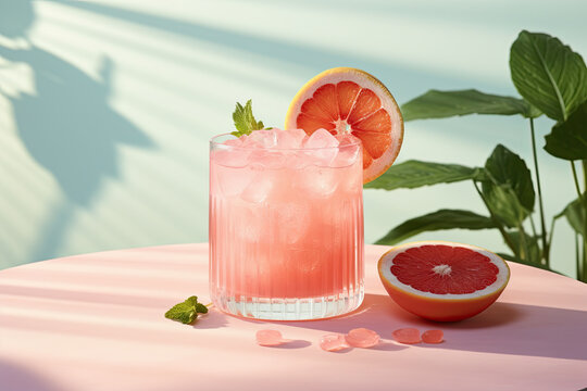 vaso de cristal con zumo de pomelo y hielo, en una mesa  rosa con rodajas de pomelo de adorno y pared color verde menta pastel con una planta natural detras
