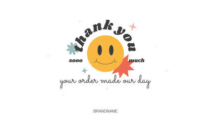 Thank you for order, printable vector illustration. Business thank you customer card with smiling face and shape element design template. 