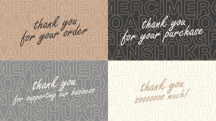Set of luxury Thank you message card template. Design with many languages. Slogan for business, marketing and advertising. 