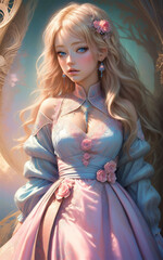 Portrait of a beautiful girl with yellow hair and flowers. Blurred background and sun light.