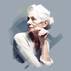 White old woman in thinking and doubts oil painted illustration. Female character with dreamy face on abstract background. Ai generated acrylic canvas soft colored poster.