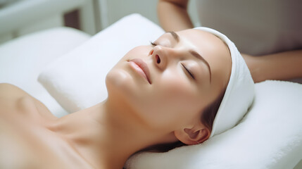 Fototapeta na wymiar Beautiful girl doing facial spa massage in luxury beauty clinic